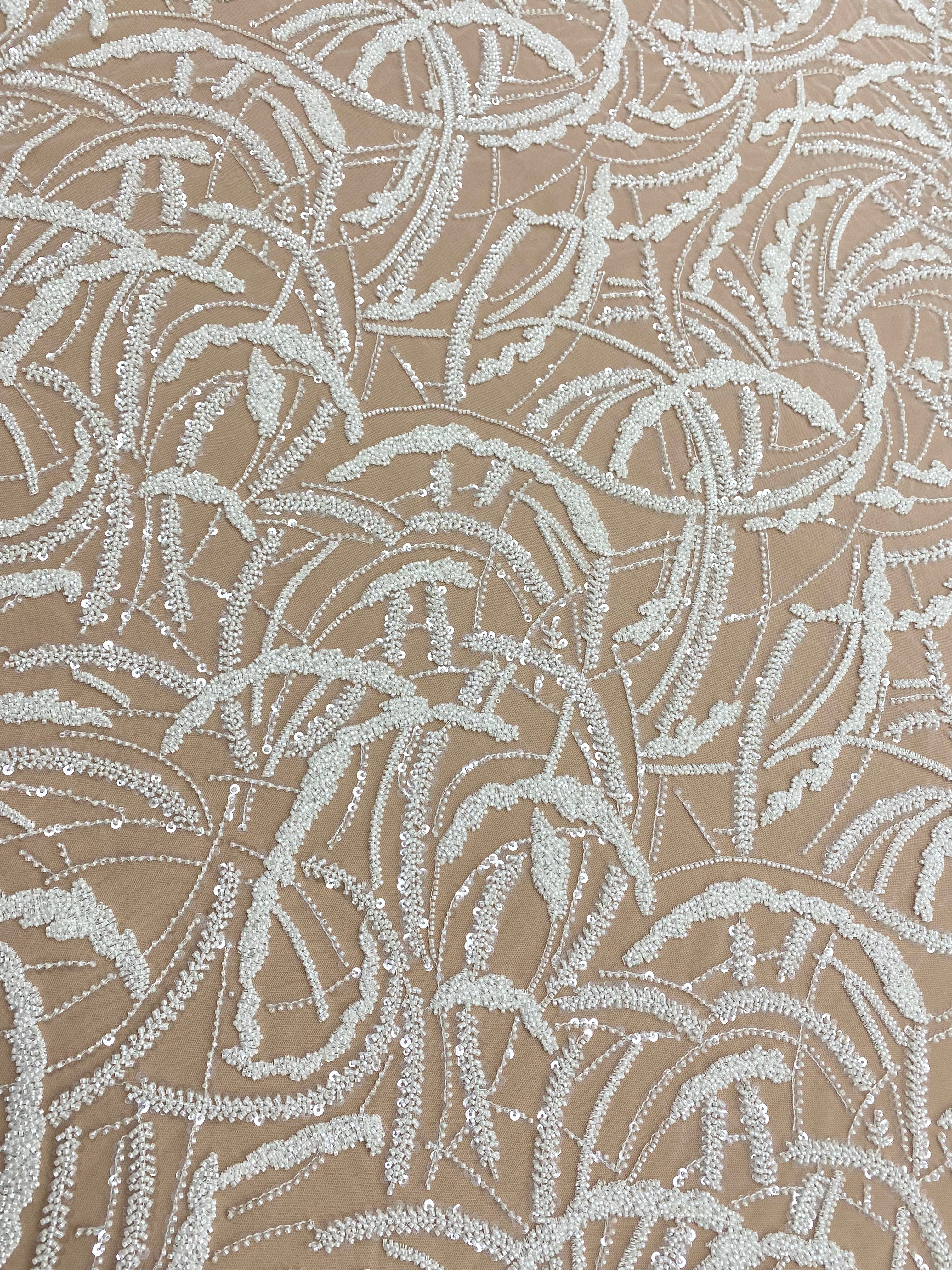 Dantela Couture Ivory cu Model Geometric, cu Margele si Paiete