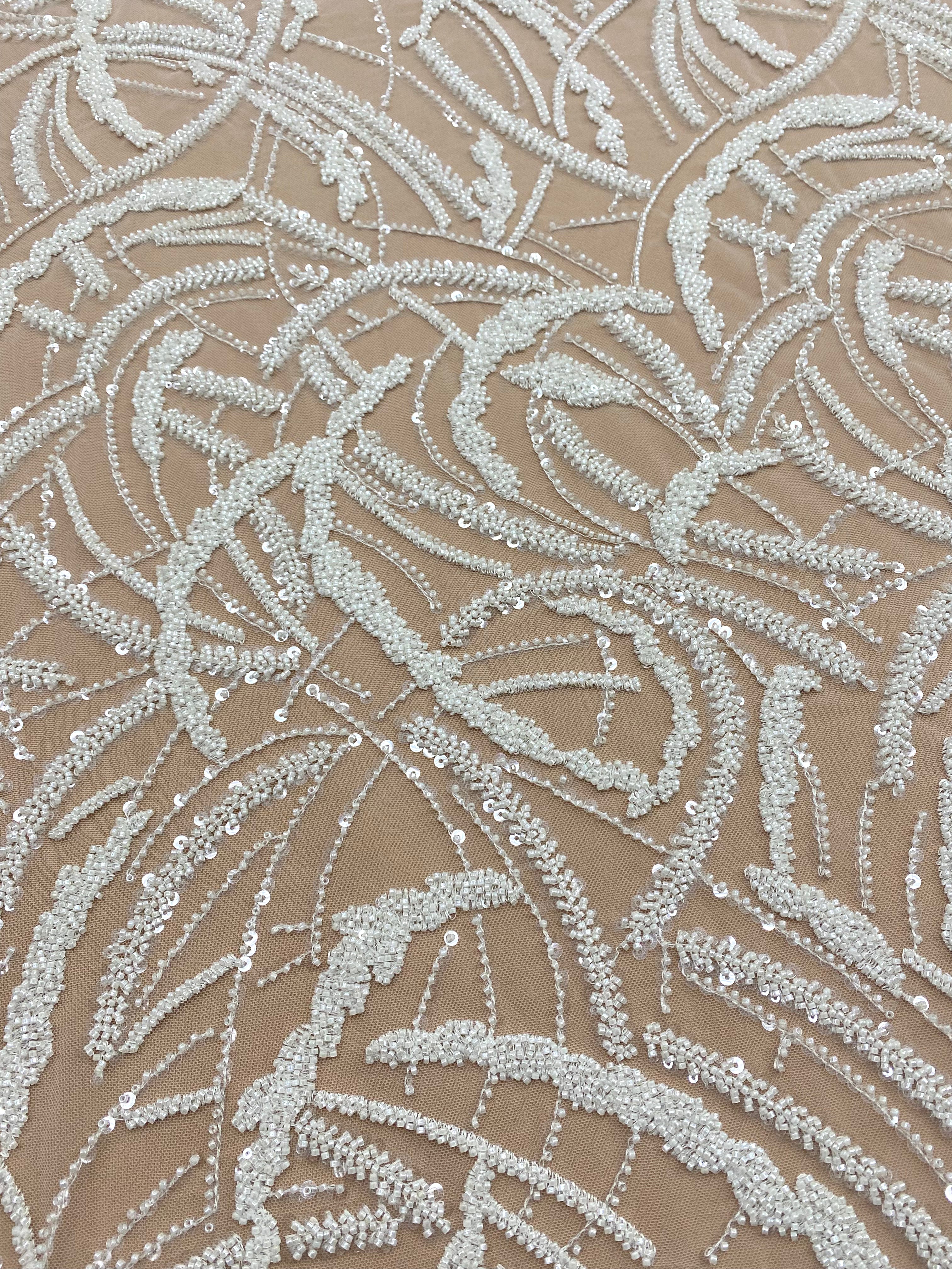 Dantela Couture Ivory cu Model Geometric, cu Margele si Paiete