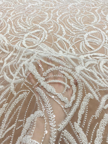 Dantela Couture Ivory cu Model Geometric, cu Margele si Paiete