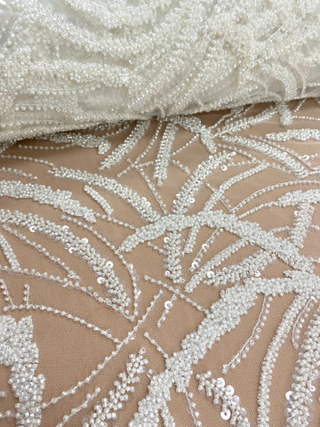 Dantela Couture Ivory cu Model Geometric, cu Margele si Paiete