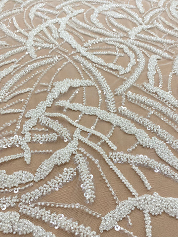 Dantela Couture Ivory cu Model Geometric, cu Margele si Paiete