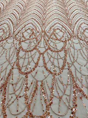 Dantela Couture Auriu Rose cu Model Geometric cu Margele si Paiete