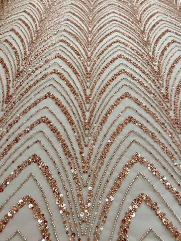 Dantela Couture Auriu Rose cu Model Geometric cu Margele si Paiete