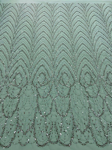 Dantela Couture Poros Zöld Geometriai Mintával Gyöngyökkel és Flitterekkel