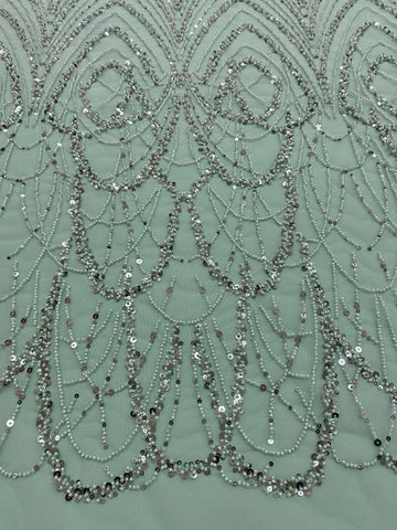 Dantela Couture Poros Zöld Geometriai Mintával Gyöngyökkel és Flitterekkel