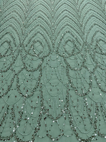 Dantela Couture Poros Zöld Geometriai Mintával Gyöngyökkel és Flitterekkel