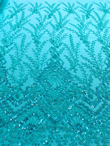 Dantela Couture Turcoaz cu Model Geometric, cu Margele si Paiete