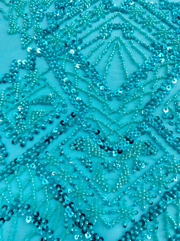 Dantela Couture Turcoaz cu Model Geometric, cu Margele si Paiete