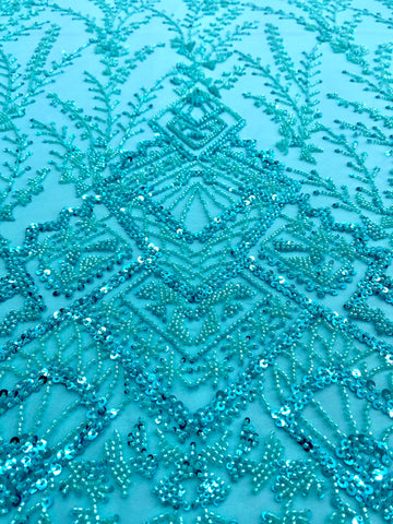 Dantela Couture Turcoaz cu Model Geometric, cu Margele si Paiete