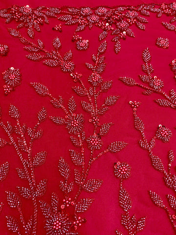 Dantela Couture Rosie cu Model Floral, Perle, Margele si Paiete