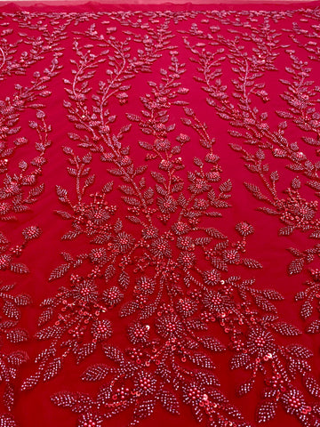 Dantela Couture Rosie cu Model Floral, Perle, Margele si Paiete