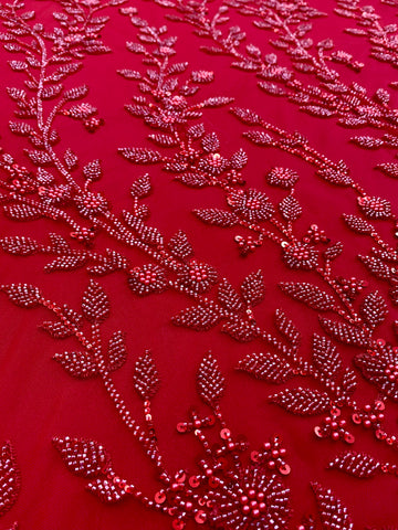 Dantela Couture Rosie cu Model Floral, Perle, Margele si Paiete