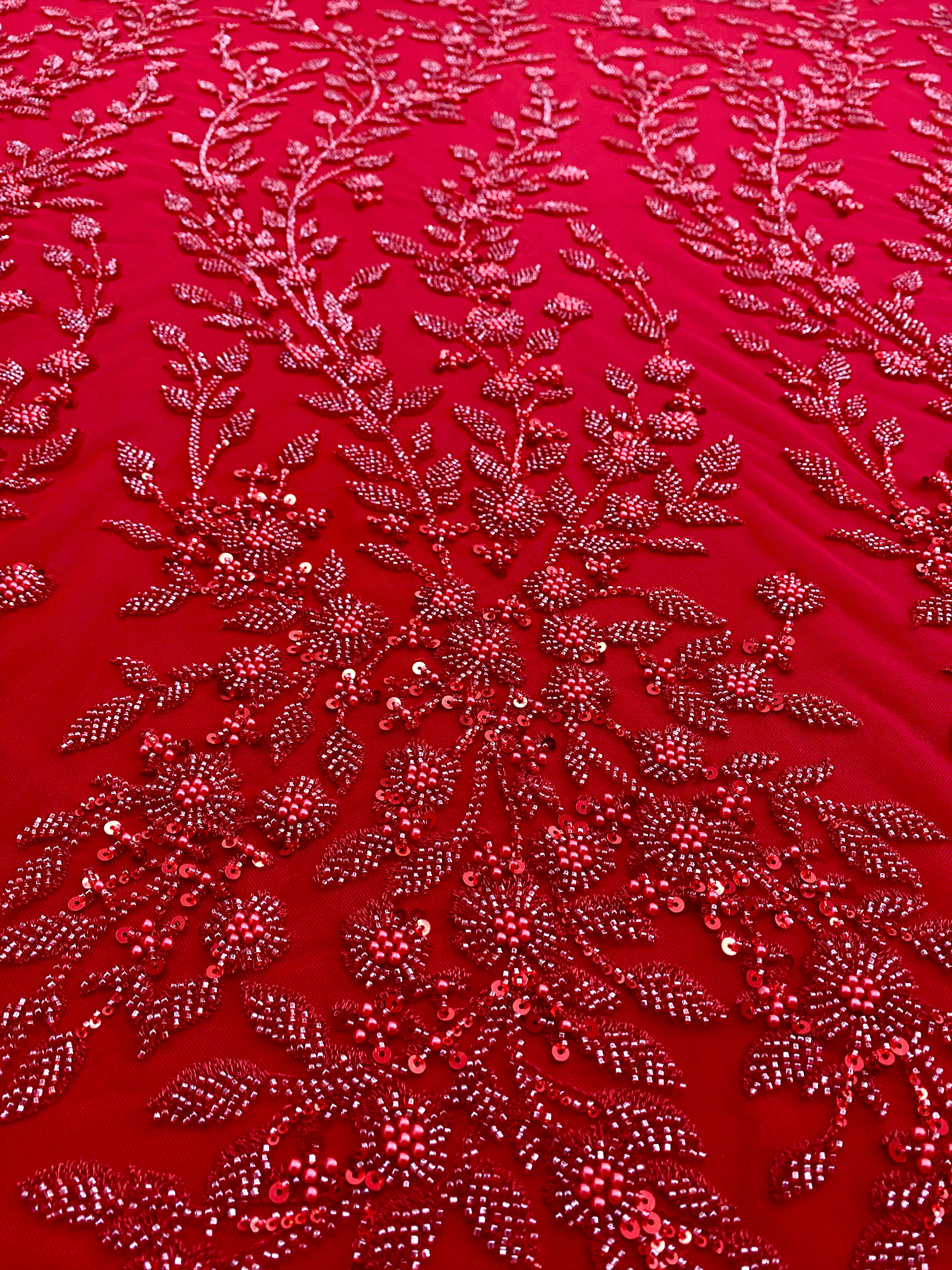 Dantela Couture Rosie cu Model Floral, Perle, Margele si Paiete