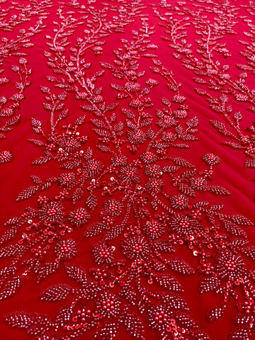 Dantela Couture Rosie cu Model Floral, Perle, Margele si Paiete