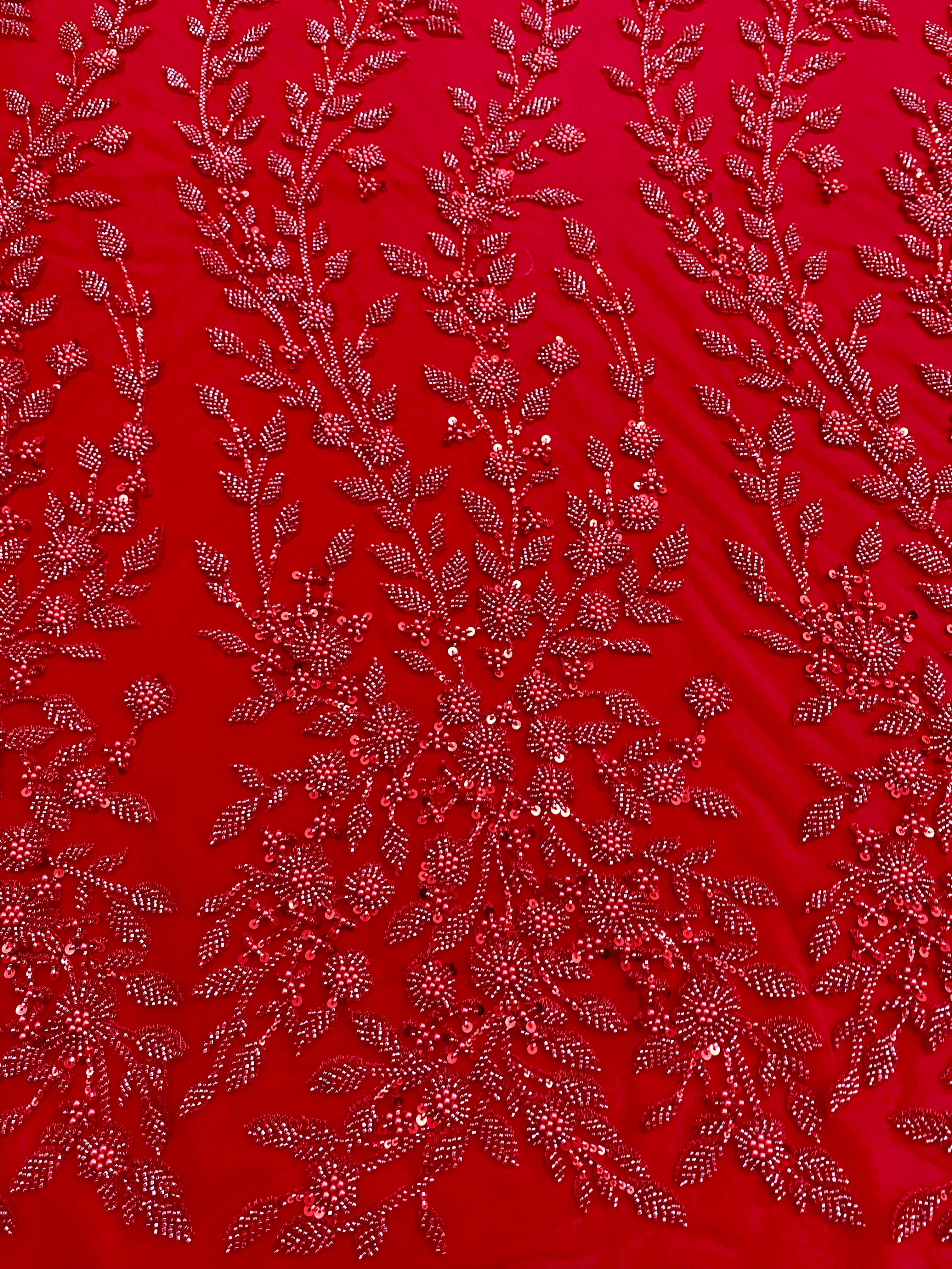 Dantela Couture Rosie cu Model Floral, Perle, Margele si Paiete