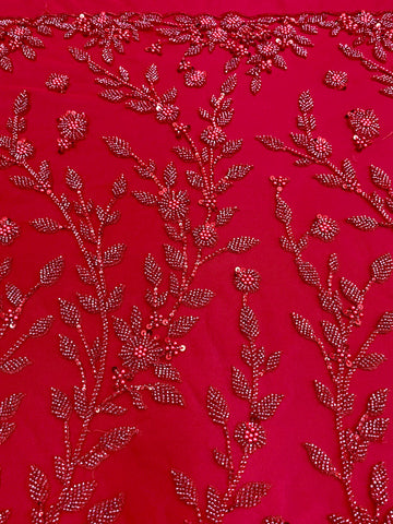 Dantela Couture Rosie cu Model Floral, Perle, Margele si Paiete