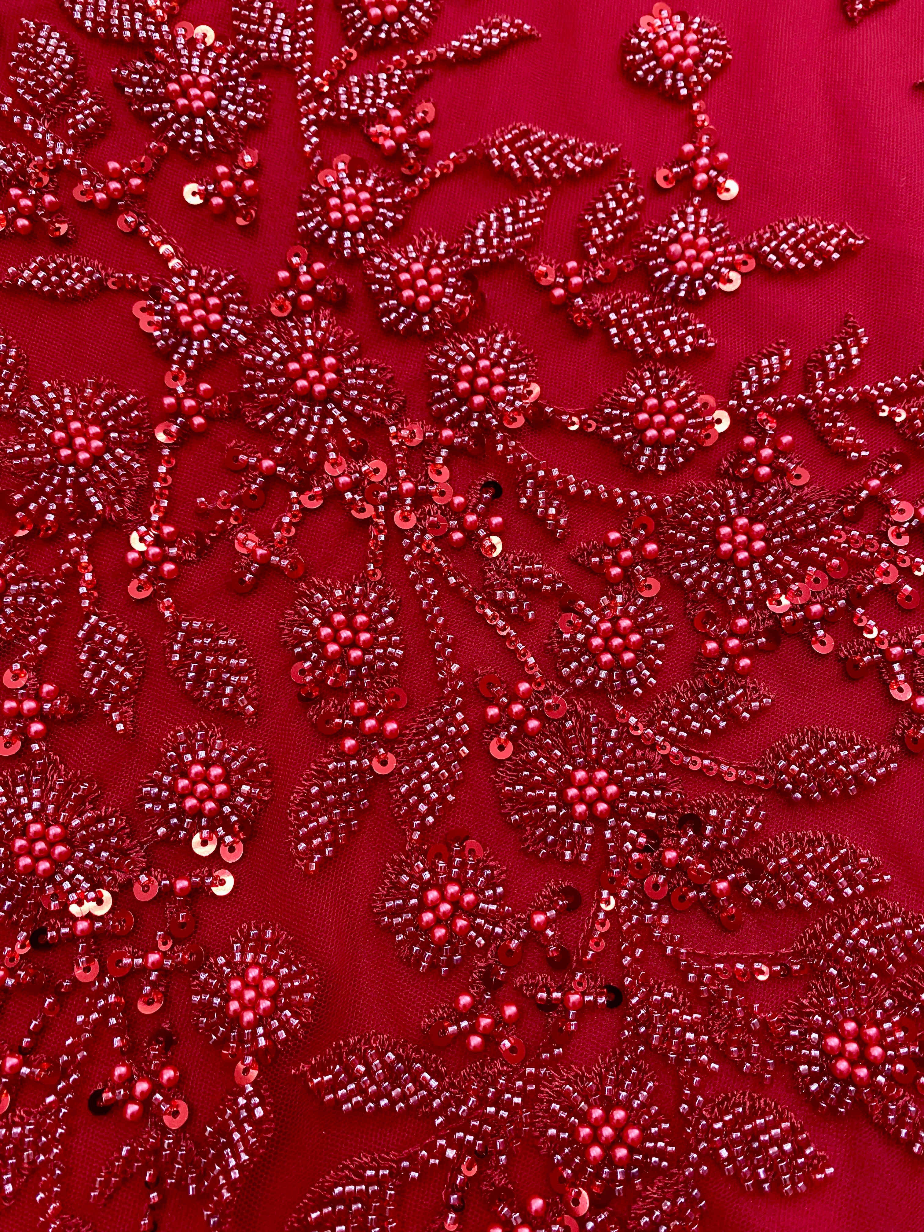 Dantela Couture Rosie cu Model Floral, Perle, Margele si Paiete