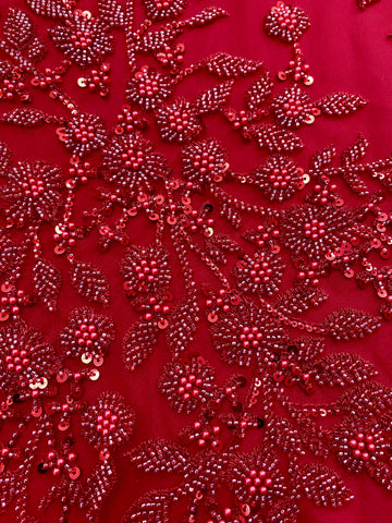 Dantela Couture Rosie cu Model Floral, Perle, Margele si Paiete