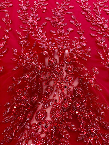 Dantela Couture Rosie cu Model Floral, Perle, Margele si Paiete
