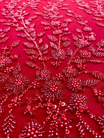 Dantela Couture Rosie cu Model Floral, Perle, Margele si Paiete
