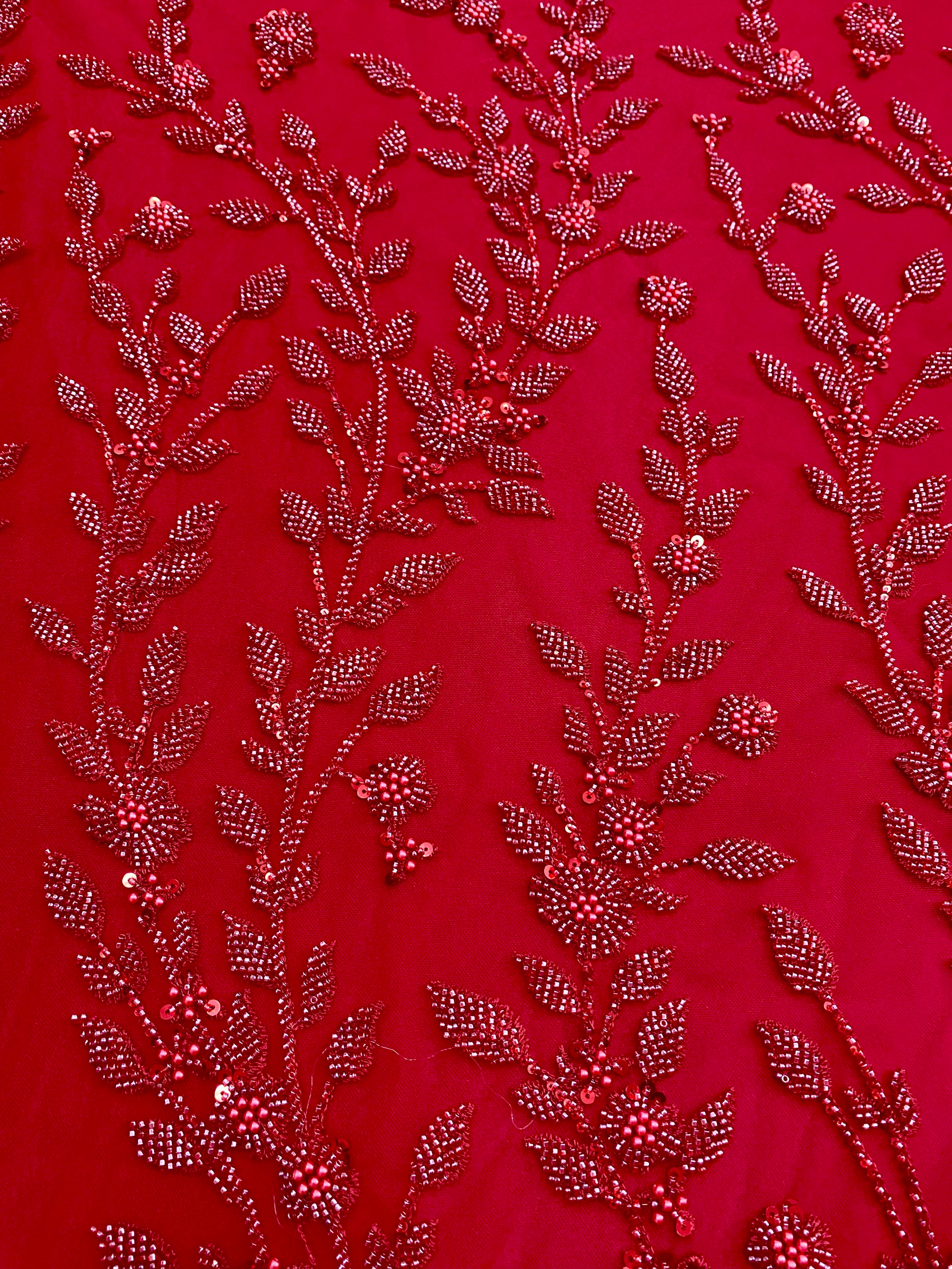 Dantela Couture Rosie cu Model Floral, Perle, Margele si Paiete