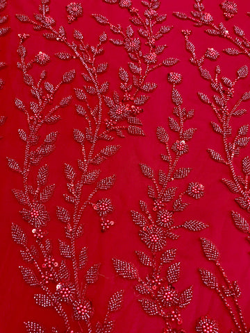 Dantela Couture Rosie cu Model Floral, Perle, Margele si Paiete