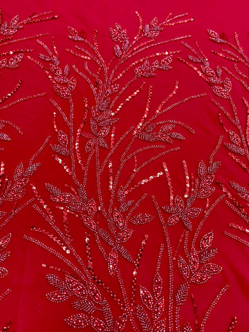 Piros Couture csipke virágmintával, gyöngyökkel, gyöngyöcskékkel és flitterekkel