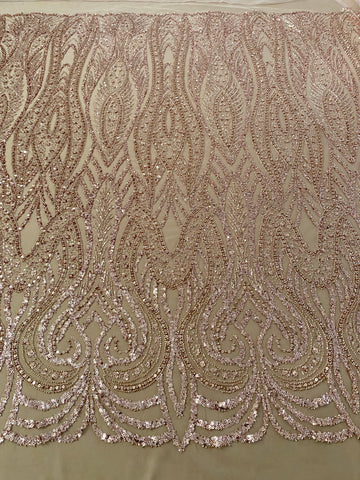 Dantela Couture Arany Rose Geometriai Mintával, Gyöngyökkel, Gyöngyöcskékkel és Flitterekkel