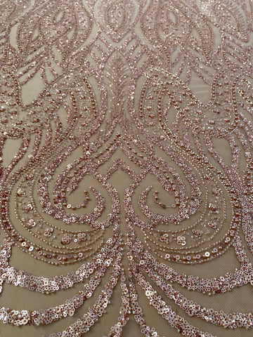 Dantela Couture Arany Rose Geometriai Mintával, Gyöngyökkel, Gyöngyöcskékkel és Flitterekkel