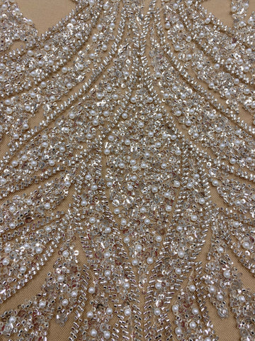 Dantela Couture Argintie pe Tulle Nude cu Panou, cu Perle, Margele si Paiete