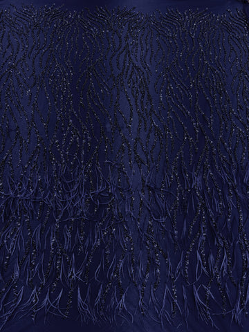 Dantela Couture Bleumarin cu Pene de Strut, cu Siraguri, cu Margele si Paiete