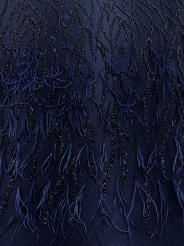 Dantela Couture Bleumarin cu Pene de Strut, cu Siraguri, cu Margele si Paiete