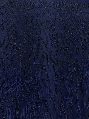 Dantela Couture Bleumarin cu Pene de Strut, cu Siraguri, cu Margele si Paiete