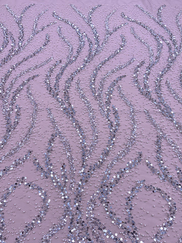 Dantela Couture Argintie pe Tulle Roz cu Perle, Margele si Paiete