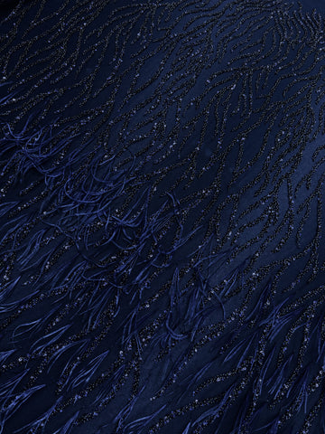 Dantela Couture Bleumarin cu Pene de Strut, cu Siraguri, cu Margele si Paiete