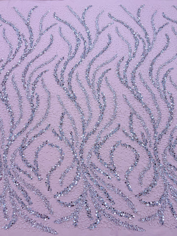 Dantela Couture Argintie pe Tulle Roz cu Perle, Margele si Paiete