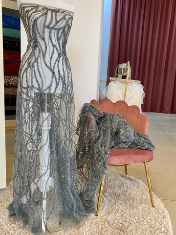 Csipke Antracit Szürke Haute Couture Gyöngysorokkal