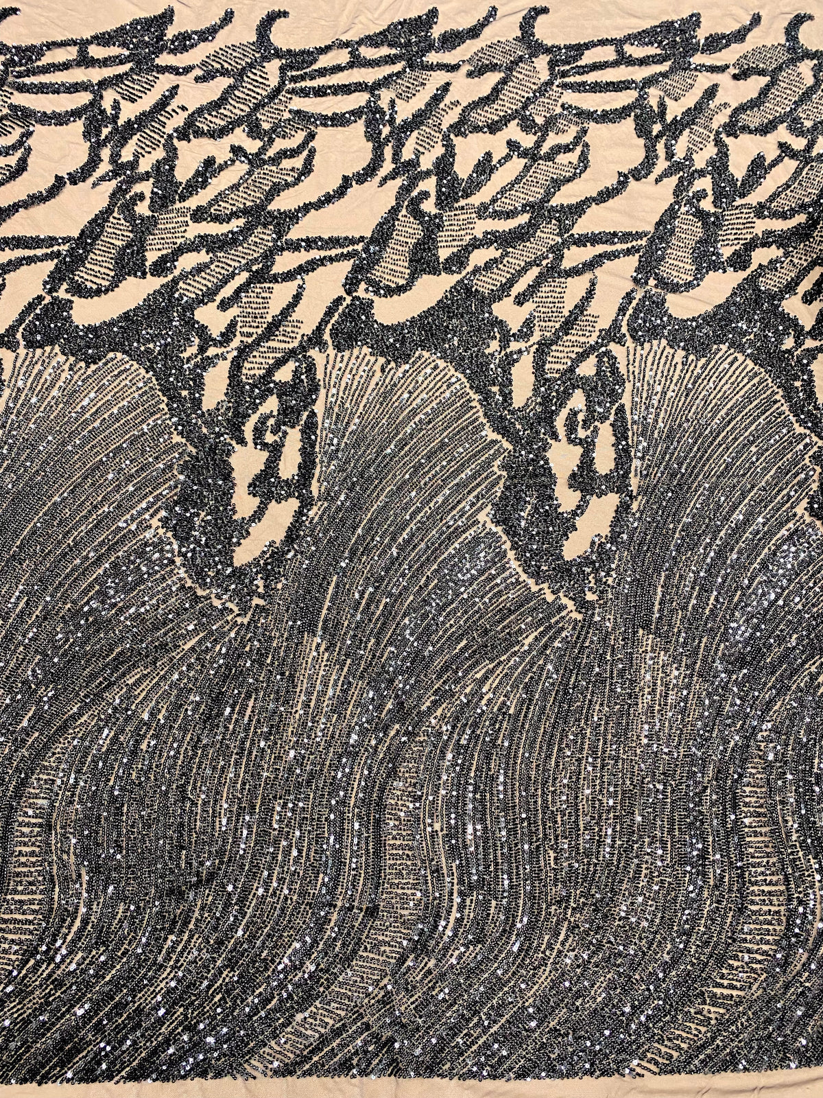 Dantela Couture Neagra cu Model Geometric, cu Margele si Paiete