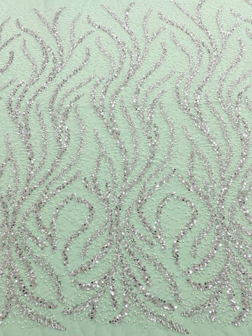 Dantela Couture Argintie pe Tulle Verde Menta cu Perle, Margele si Paiete