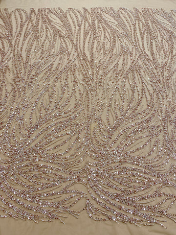 Dantela Couture Auriu Rose cu Model Liniar, cu Margele si Paiete