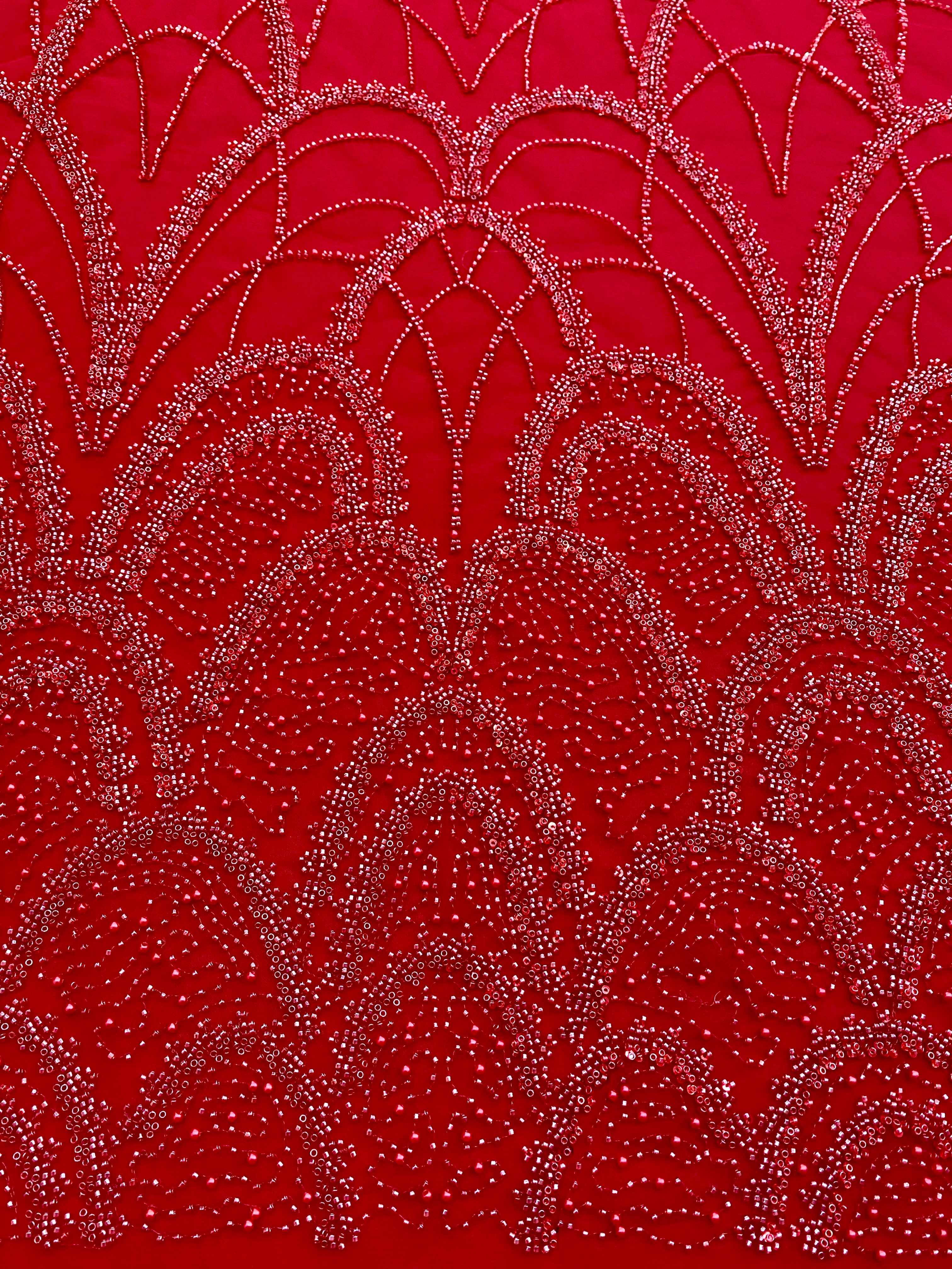 Dantela Couture Rosie cu Model Geometric, cu Perle, Margele si Paiete