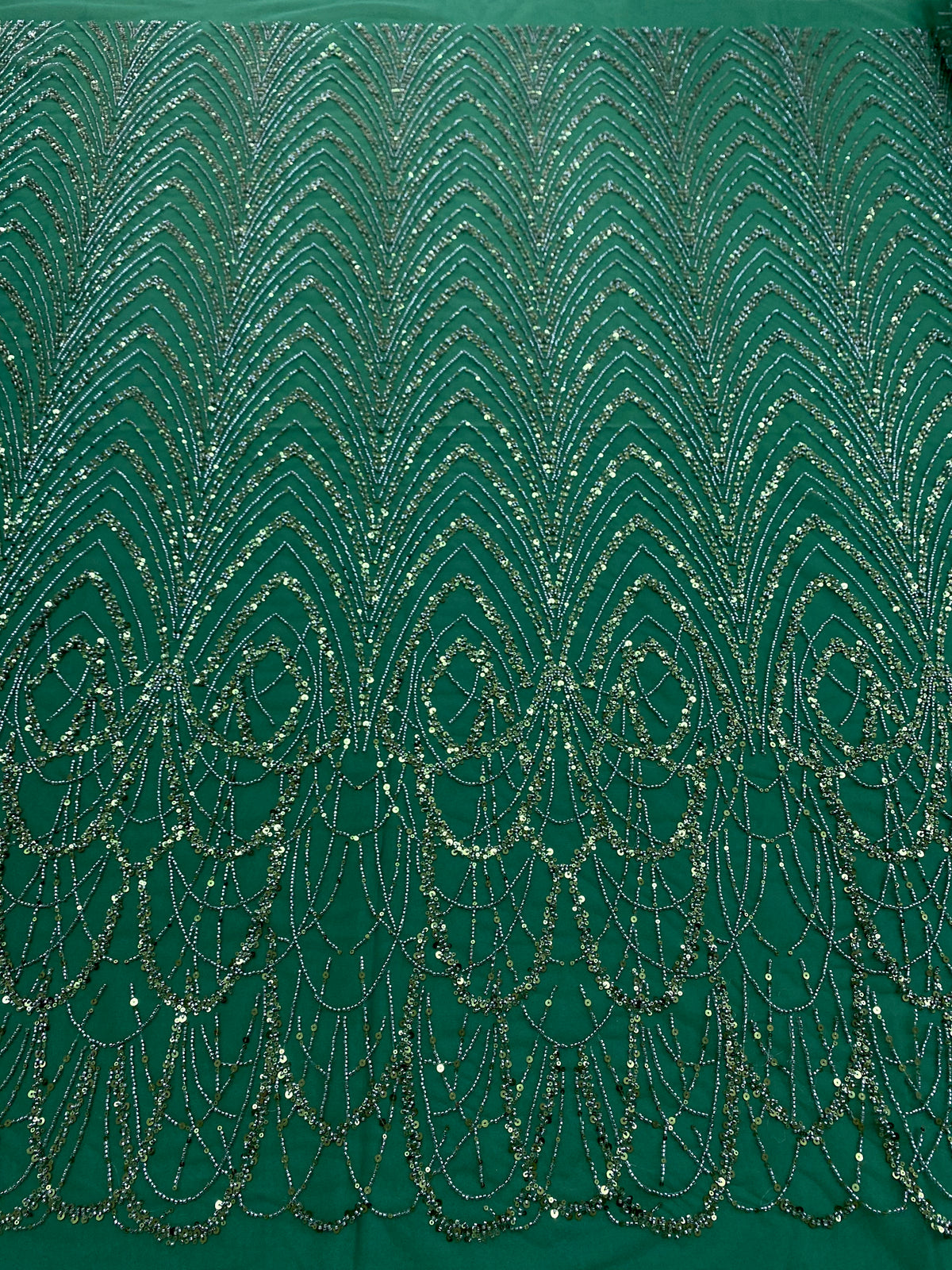 Dantela Couture Verde Smarald cu Model Geometric cu Margele si Paiete