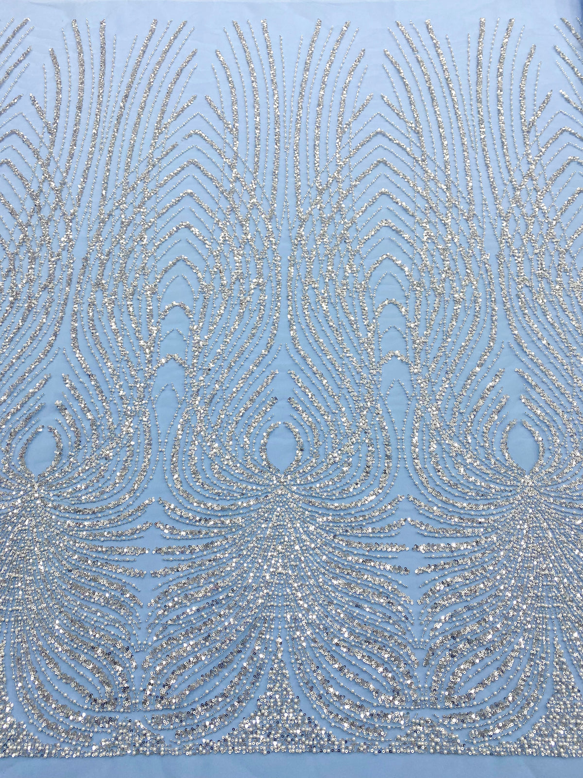 Ezüst Couture Csipke Baby Blue Tüll Panellel, Gyöngyökkel, Gyöngyökkel és Flitterekkel