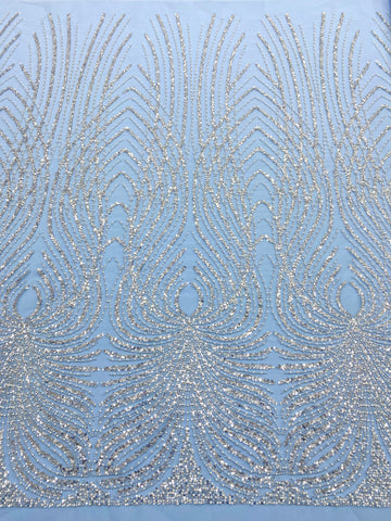 Ezüst Couture Csipke Baby Blue Tüll Panellel, Gyöngyökkel, Gyöngyökkel és Flitterekkel