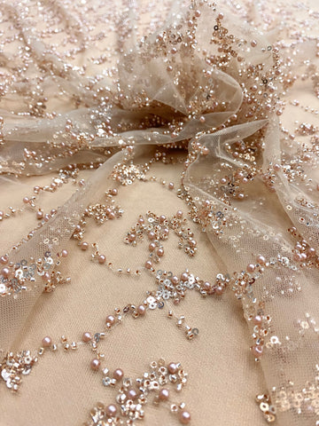 Dantela Couture Auriu Rose cu Perle, Margele si Paiete