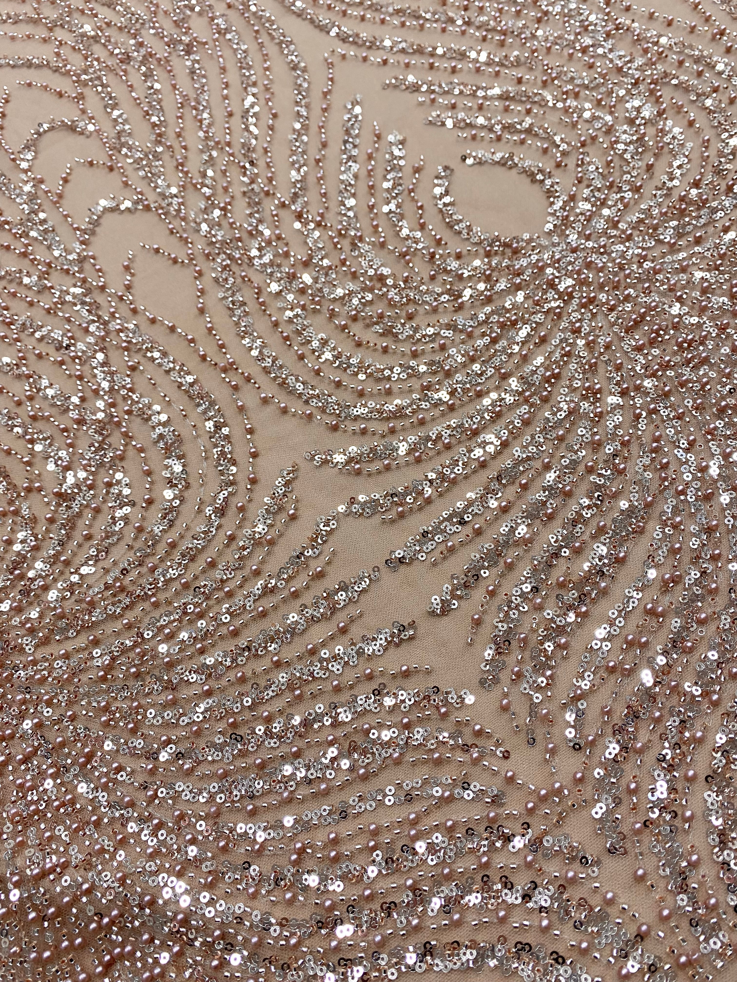 Dantela Couture Auriu Rose cu Panou, cu Perle, Margele si Paiete