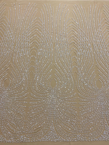 Dantela Couture Ivory cu Tulle Nude cu Panou, cu Perle, Margele si Paiete