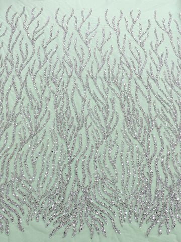 Dantela Couture Argintie pe Tulle Verde Menta cu Siraguri, cu Margele si Paiete
