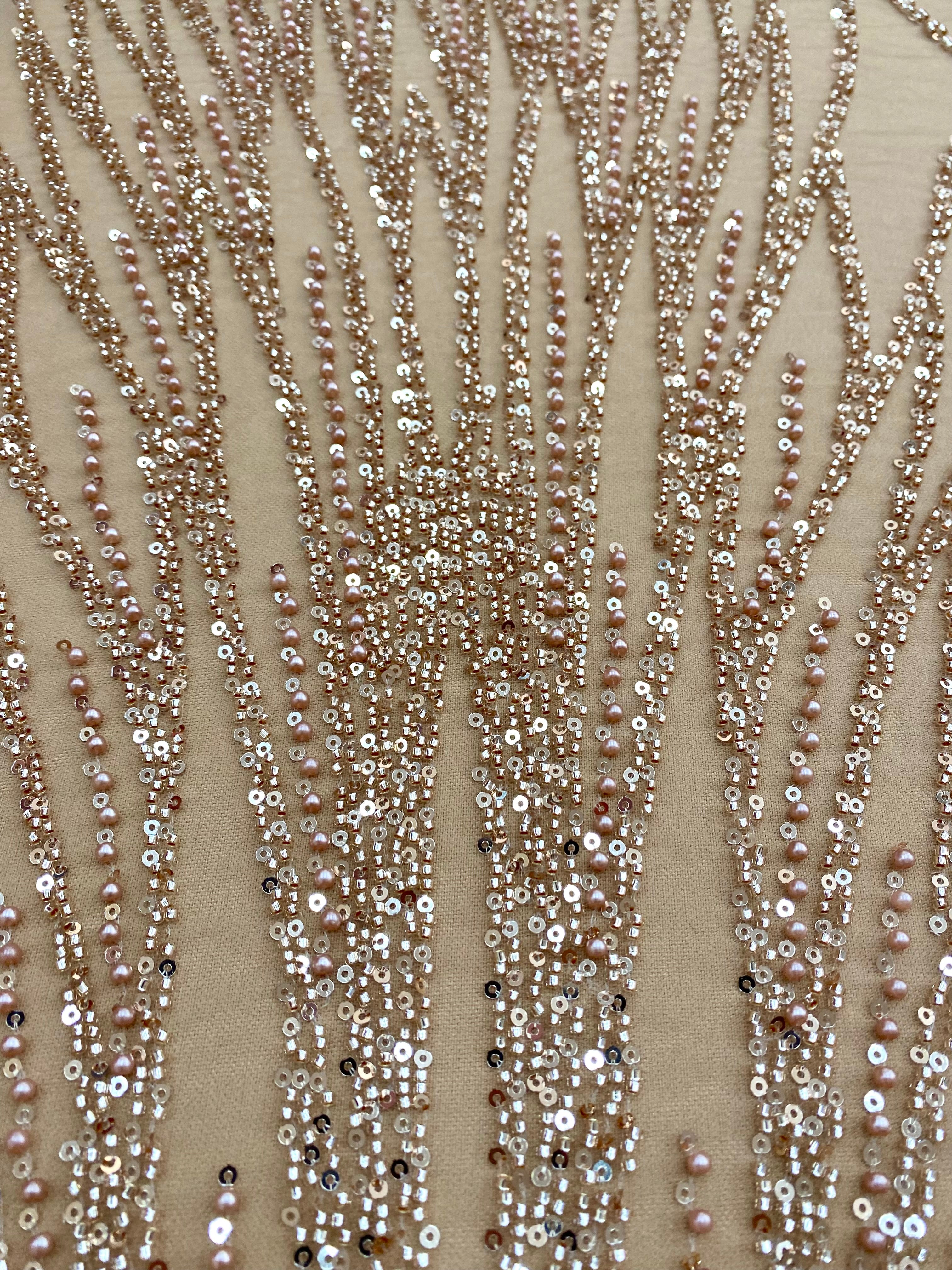 Dantela Couture Auriu Rose cu Model Liniar, cu Margele si Paiete