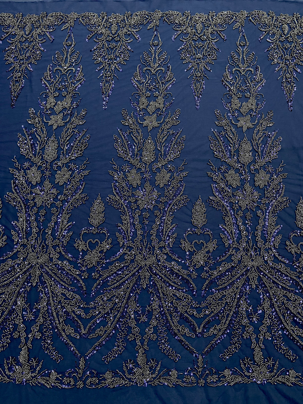 Dantela Couture Bleumarin cu Model Floral, cu Margele si Paiete